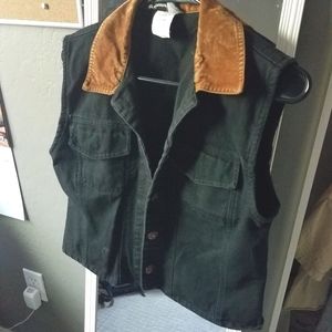 Black Denim Vest with Suede Collar